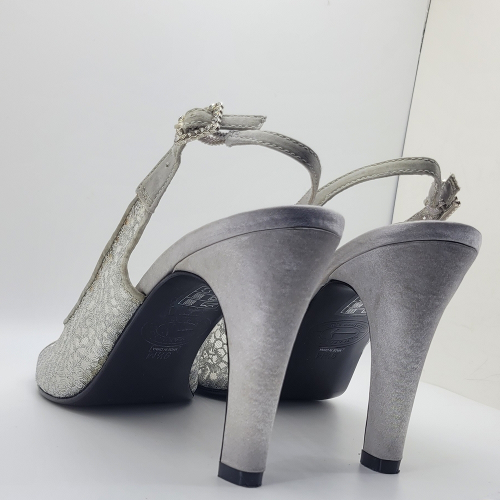 9.5M A. Marinelli Vintage Leather Shimmering Silver 3.5" Heels - Picture 6 of 10